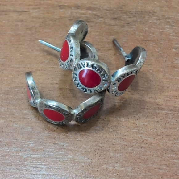 BVLGARI Jewelry - Bulgari Silver Earrings with Red Accents